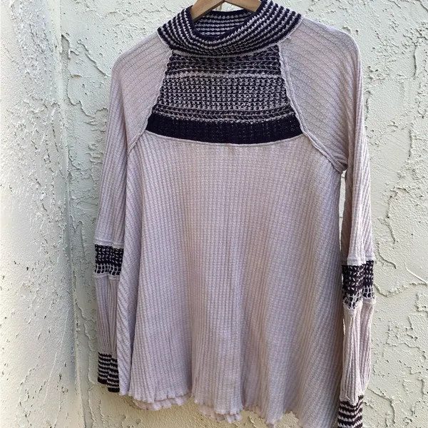 Free People Oversized Crochet Detailing Top Thermal Waffle Knit Mock Neck Size S - Image 11