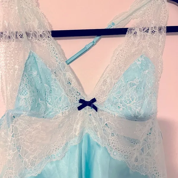 Victoria's Secret 00's vintage aqua silky 100% synthetic lace criss cross back y2k mini slip dress - Image 6