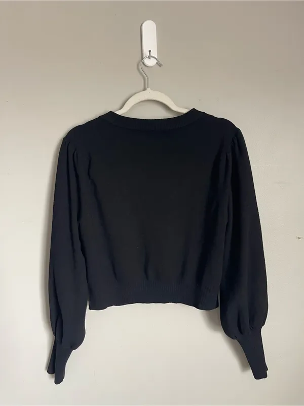 WILFRED Black Button-Front Cropped Puff Sleeve Cardigan Sweater Sz L - Image 6