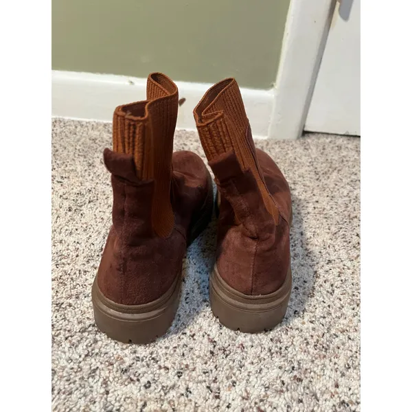 Women's Side 8 Boots Faux Suede Tan Brown Ribbed Mid-Calf Pull On Stretch - Image 5
