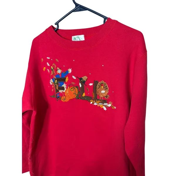 Quacker Factory Red Fall Thanksgiving Embroidered Sweatshirt Womens Medium - Image 3