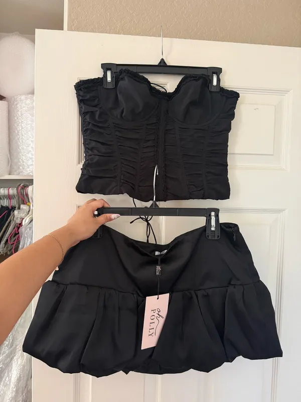 BNWT Oh Polly Black Melvina Ruched Lace-Up Strapless Corset Top & Matiya Bubble Hem Mini Skirt Set - Image 2