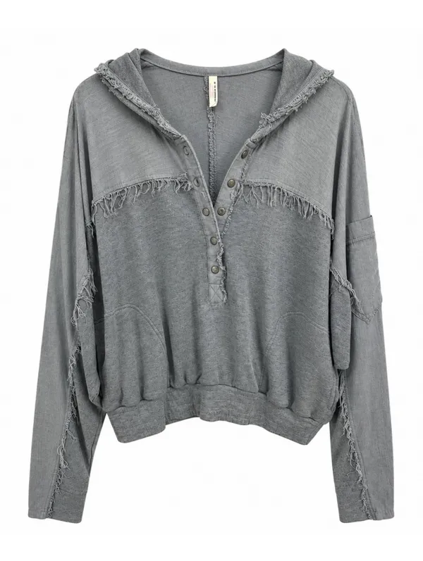 FP Movement by Windy Meadows Washed Gray Frayed Henley Hoodie - Image 2