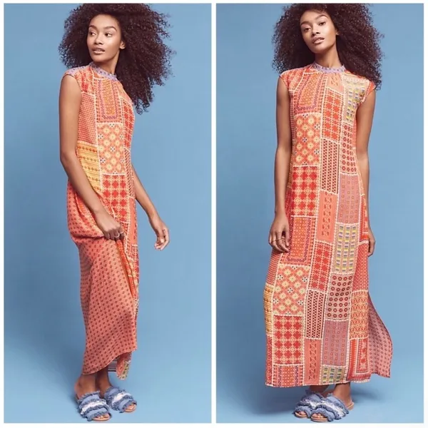 Tanvi Kedia Anthropologie Patchwork Beaded Maxi Dress Orange Red Size M AS IS - Image 2