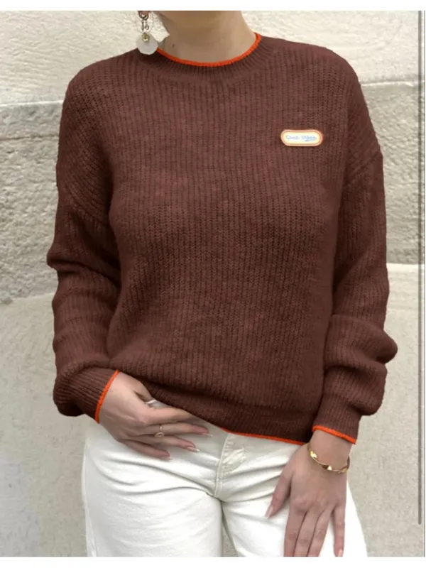 NEW Crew Neck Long Sleeve Knit Contrast Piping Strip Pullover Sweater S - Image 5