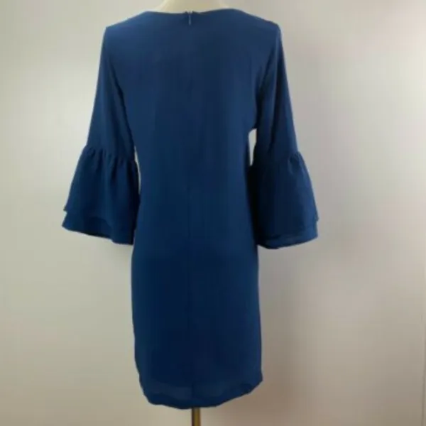 Belongsci Shift Dress Women XS Blue Tiered Bell Sleeve‎ V-Neck Mini 8817# - Image 5