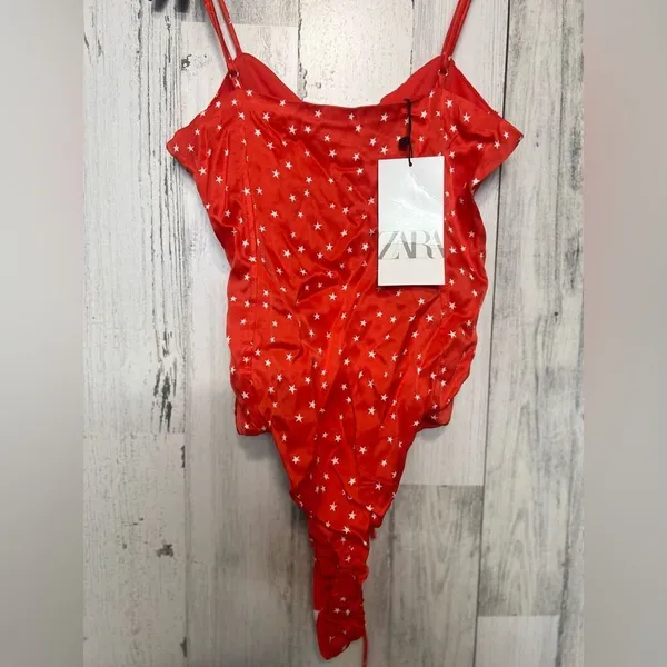 Zara Red Star Print Lace-Up Bodysuit Size XS NWT - Image 9