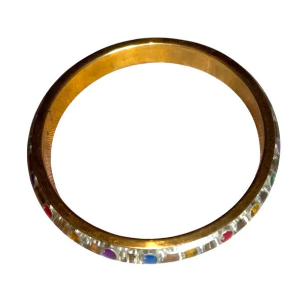 Vintage 1950s Lucite Confetti Bangle Bracelet Multicolor Rhinestone Brass Cuff - Image 4