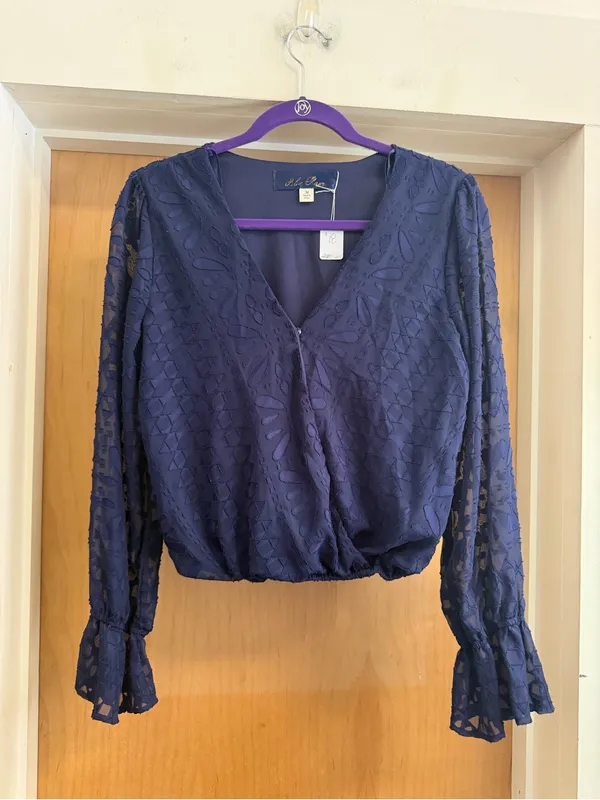 Blue Rain Women’s Navy Textured Wrap Front Long Sleeve Blouse. Size: Medium - Image 2