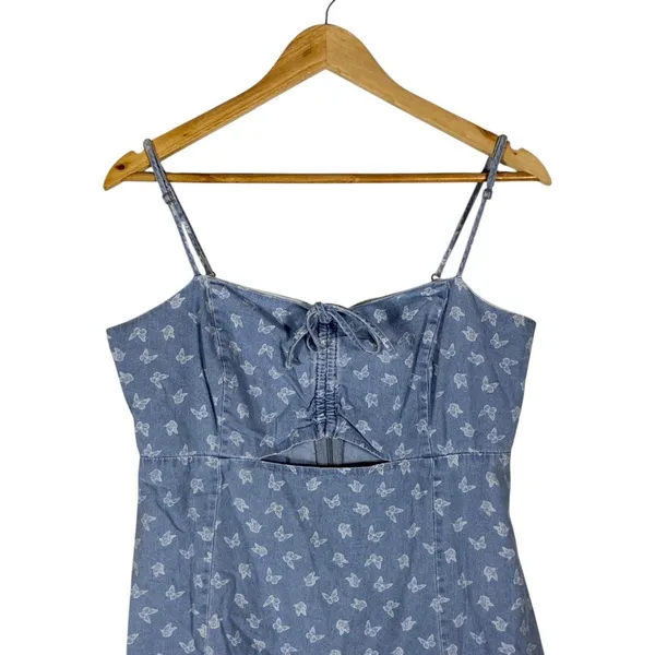 Aeropostale Butterfly Print Denim Mini Dress Blue Y2K Cutout Tie Front Size L - Image 2