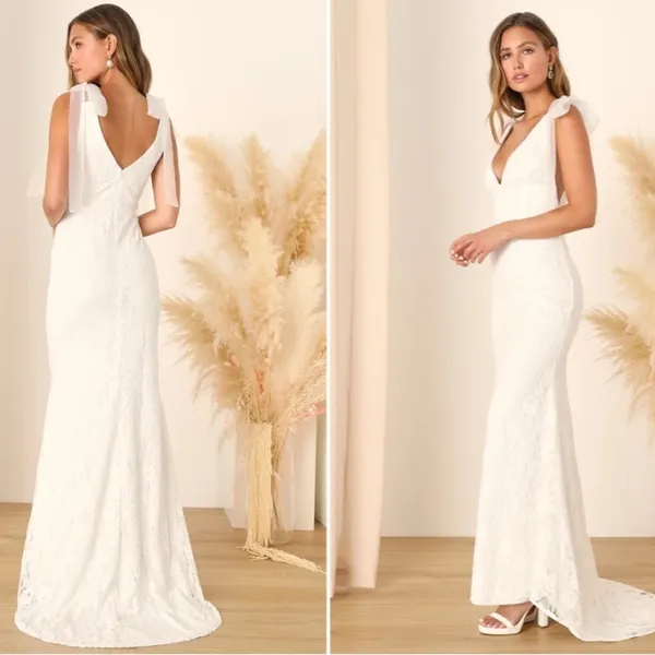 LULU's Elegant Sexy Wedding Bridal Shower Engagement Floral Lace Flowy Gown - Image 4
