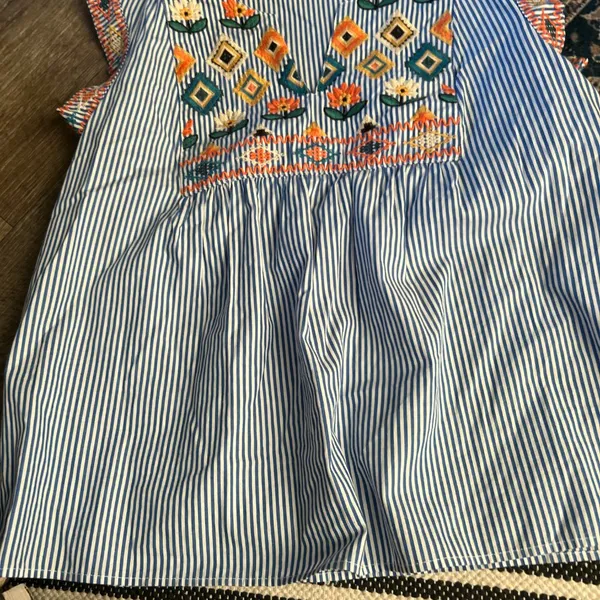 THML blue and white striped embroidered top size M - Image 4