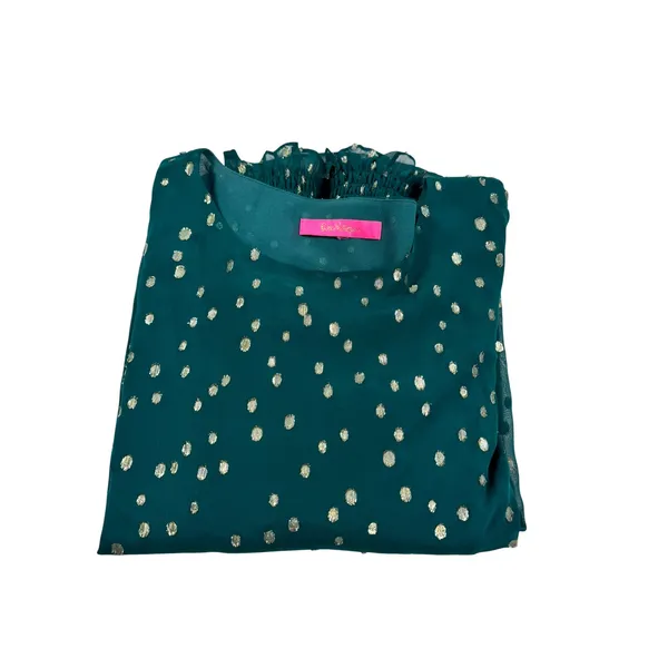 Lilly Pulitzer Green Silk Gold Metallic Polka Dot Smocked Cuff Blouse Top 07109 - Image 4