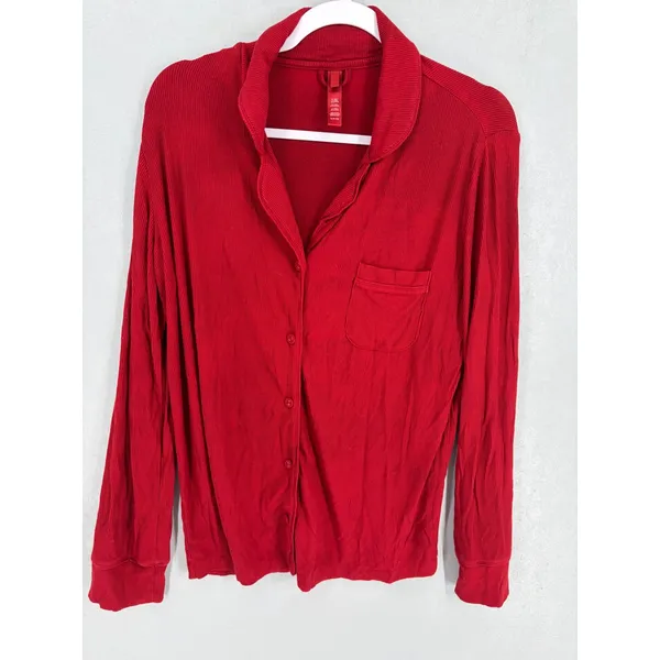 SKIMS Womens Pajama Top Red Soft Modal Ribbed Button Front Small - Image 2