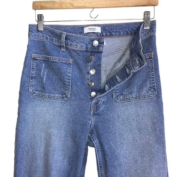 Forever 21 High Rise Patch Pocket Wide Leg Flare Jeans Medium Blue Denim Wash 28 - Image 4