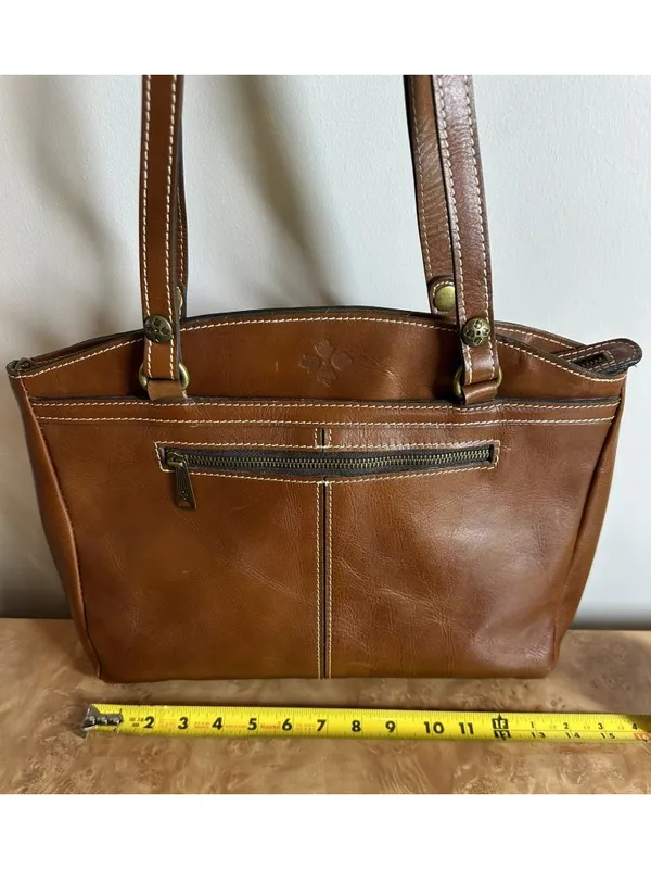 Patricia Nash Cognac Leather Tote Shoulder Bag Contrast Stitching Large Zip Top - Image 8