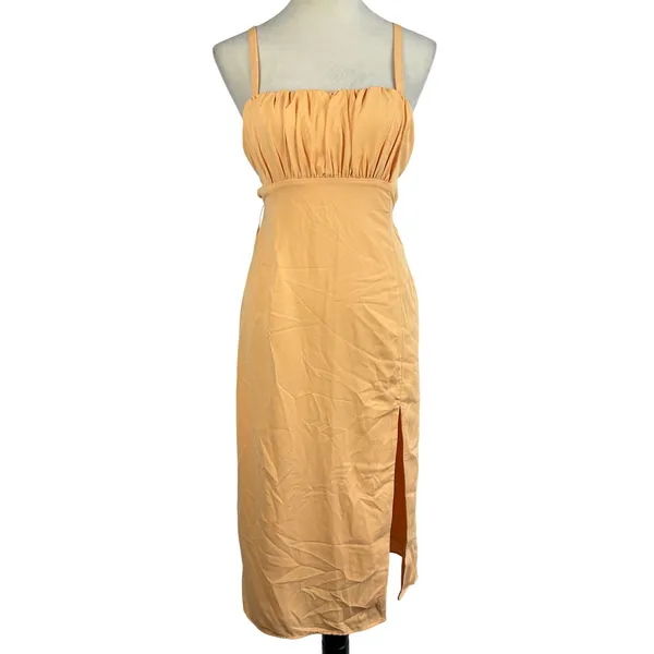 New Abercrombie‎ Fitch Orange Spaghetti Strap Ruched Side Slit Midi Dress Small - Image 2