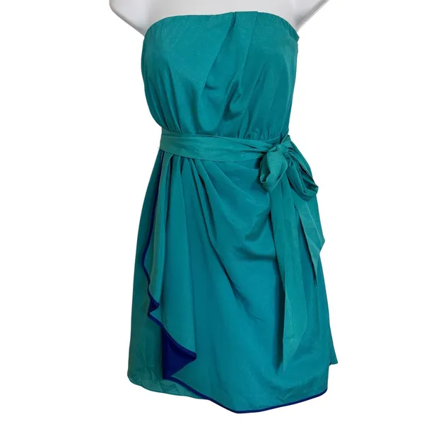 EXPRESS Teal Straples Faux‎ Wrap Mini Dress Navy Blue Contrast Trim Tie Waist S - Image 2