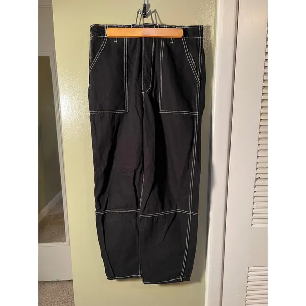 Divided H&M Women's Size 8 Contrast Stitch Baggy Fit Carpenter Jeans Black White - Image 2