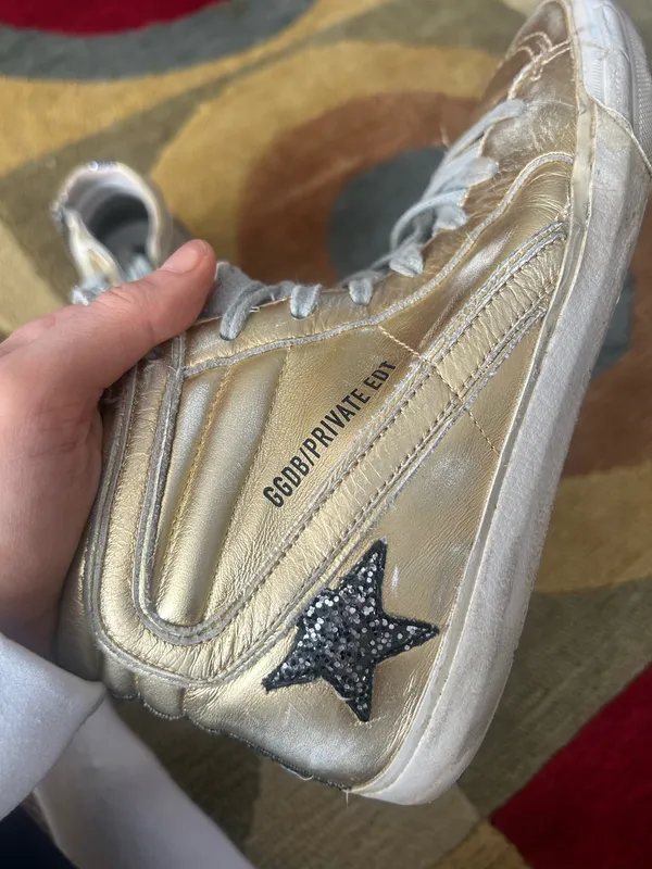 Golden Goose Slide High Top Sneakers Shoes Gold Sequins Star Leather US Size 7 - Image 13