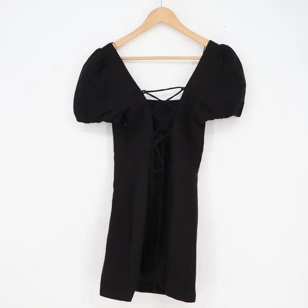 Zara Black Puff Sleeve Lace Up Back Mini Dress Square Neck Linen Blend Size M - Image 4