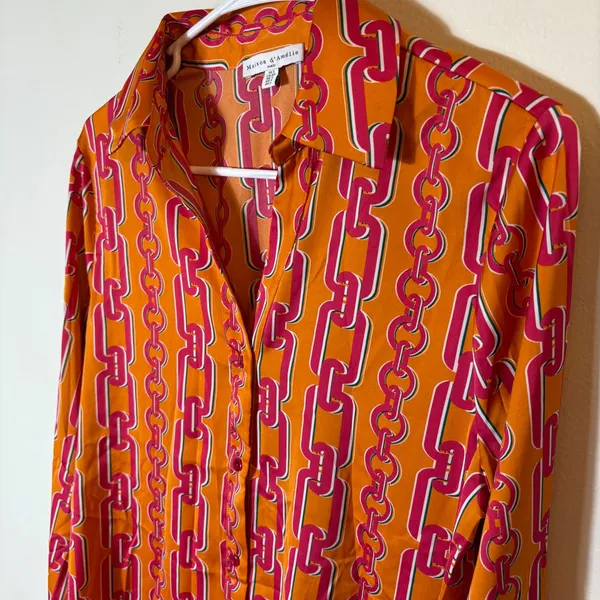 Maison d'Amelie Chain Print‎ Blouse Top Orange Pink Long Sleeve Size Small - Image 3