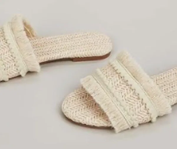 Fringe Straw Boho Sandals Open Toe Slides White Size 6 - Image 2