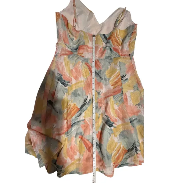 Lulus Peach Yellow Abstract Brushstroke Gold Pinstripe Mini Dress Small‎ - Image 12