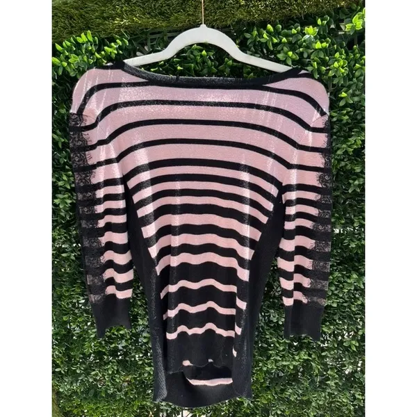 ByBy Women XL Pink Black Striped Lace Sleeve Knit Sweater Boat‎ Neck Pullover - Image 4