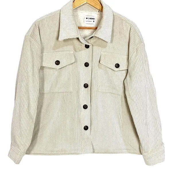 Corduroy Sherpa Lined Oversized Shacket Jacket M Button Up Soft Outerwear Beige - Image 2