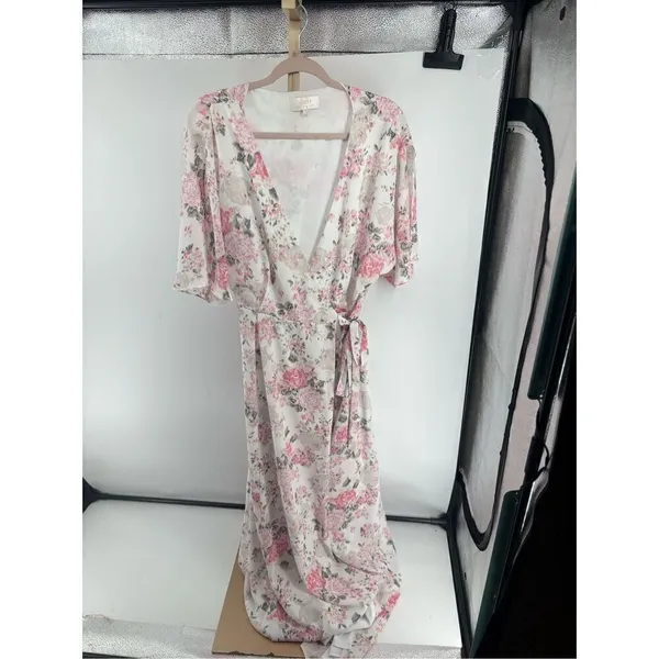 Wayf Pink Floral Wrap Dress Long 3/4 Sleeve Lined Size L - Image 9
