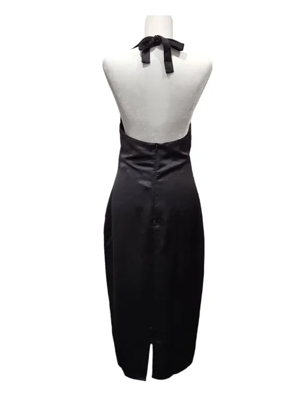 Jason Wu Black Satin Halter Plunging U-Neckline Midi Dress Medium Women’s - Image 2