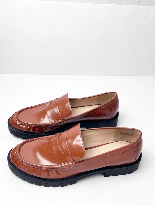 LOFT Brown Faux Leather Slip On Penny Loafers Size 9.5M Preppy Casual Minimalist - Image 5
