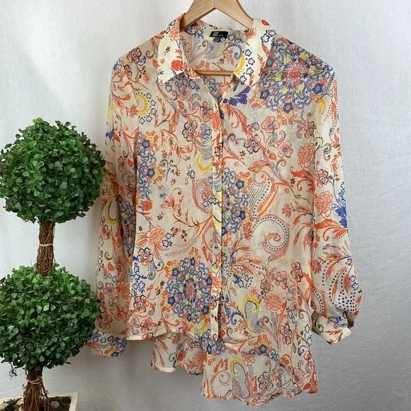Kut From The Kloth White Floral Print Long Convertible Sleeve Blouse Top L - Image 2
