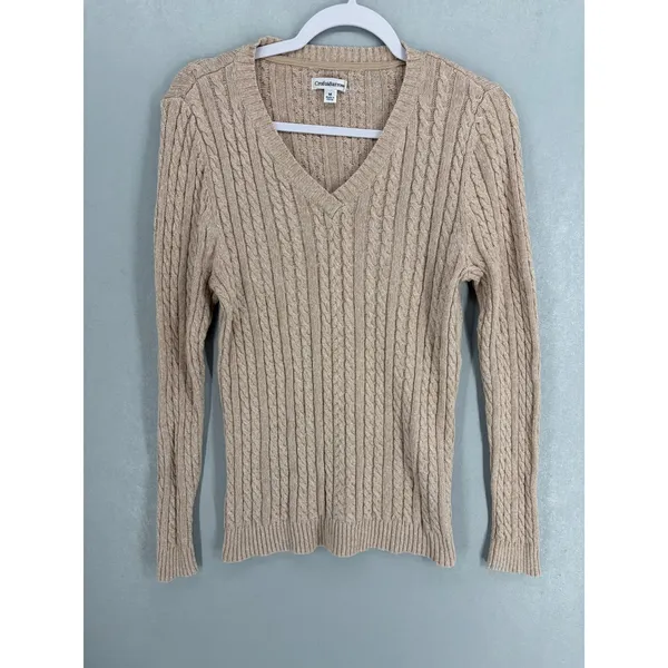 Croft & Barrow Womens Sweater Tan Beige Cable Knit V-Neck Cotton Medium - Image 2