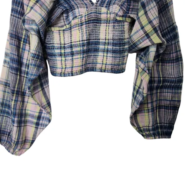 Free People Multicolor Smocked V-Neck Long Sleeve Marlena Plaid Crop Top Size XS - Image 5