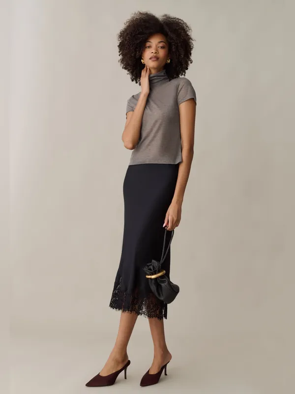 NWT Few Moda Evren Silk Skirt Size Medium M Lace trim midi Black o.p.t theory - Image 2