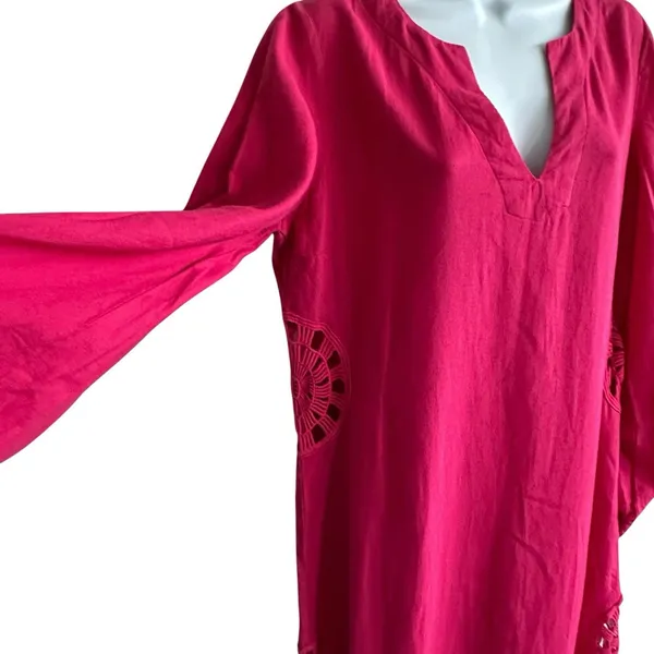 Young Fabulous & Broke Cape Code Pink Linen Maxi Dress M Eyelet Crochet Caftan - Image 8