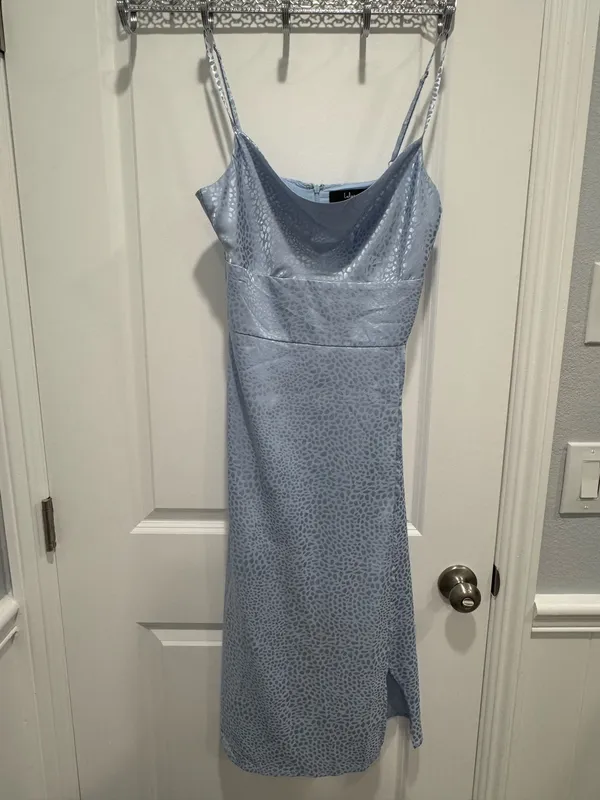 Lulus Light Blue Jacquard Animal Print Cowl Neck Midi Dress Small - Image 3