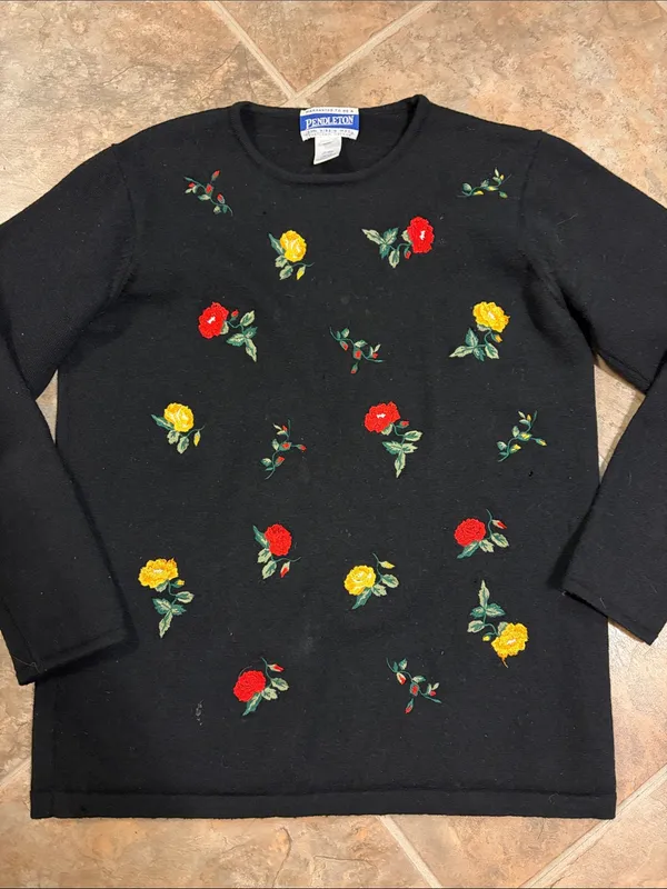 Pendleton Wool Black Sweater with Red and Yellow Rose Embroidery - Image 2