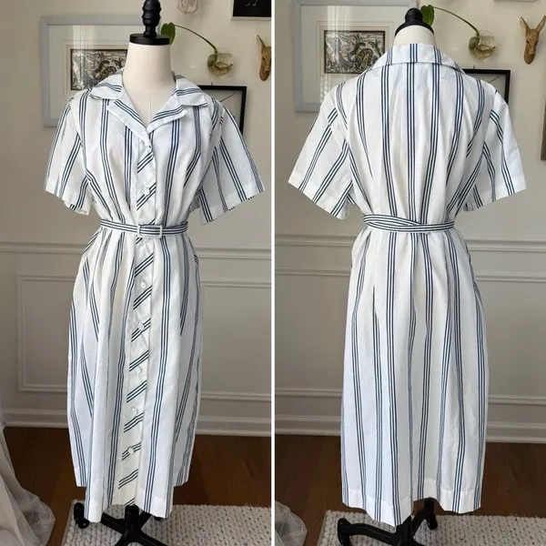 Vintage 70s British Lady House Dress White Blue Stripe 22 2X 3X - Image 2