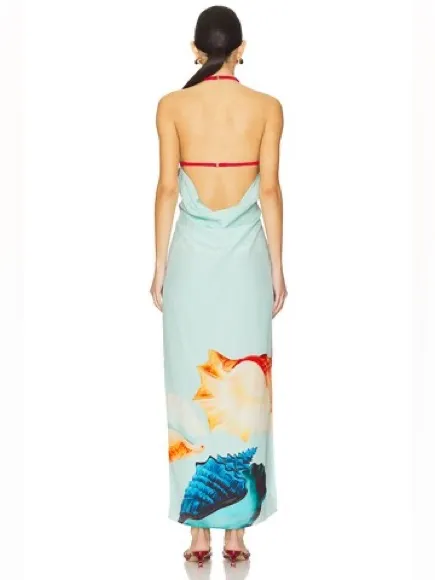 Muma World Murex Mist Vega Silk Dress Sea Print Halter Maxi small - Image 2