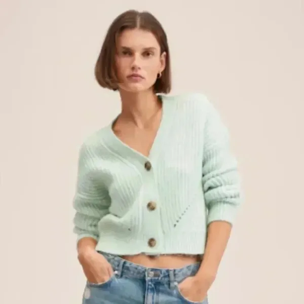 Mango MNG Ribbed Knit Aqua Green Cardigan Sweater NWT Plus‎ 3XL - Image 3