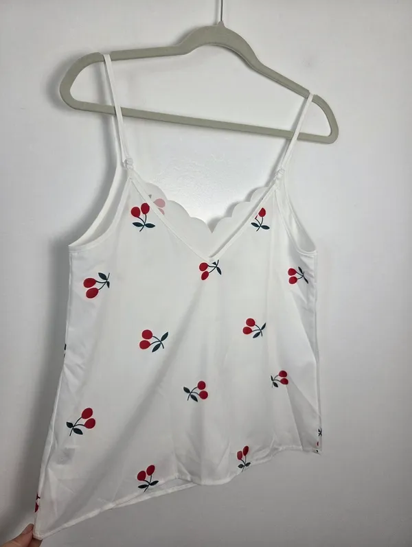 SheIn Cherry Print Camisole Top Scallop Trim Lolita Coquette Dainty Kawaii Small - Image 4