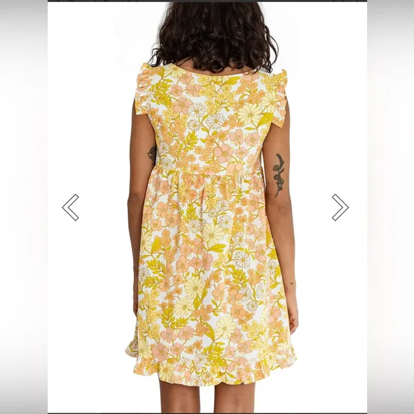 Girl and the Sun Izzy Short Sleeve Floral‎ Mini Dress yellow medium ruffle boho - Image 2