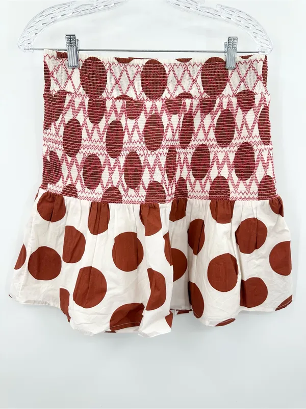 Anthropologie Maeve Smocked Polka Dot‎ Mini Skirt Red/Ivory Size Small - Image 2