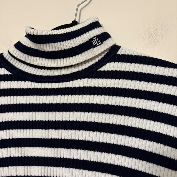 VTG LAUREN Ralph Lauren Navy White Striped Turtleneck Sweater Size L 100% Cotton - Image 2