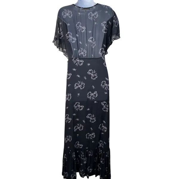 Love Shack Fancy‎ Kover Bow Print Tiered Navy Blue Viscose Maxi Dress Size 8 - Image 10