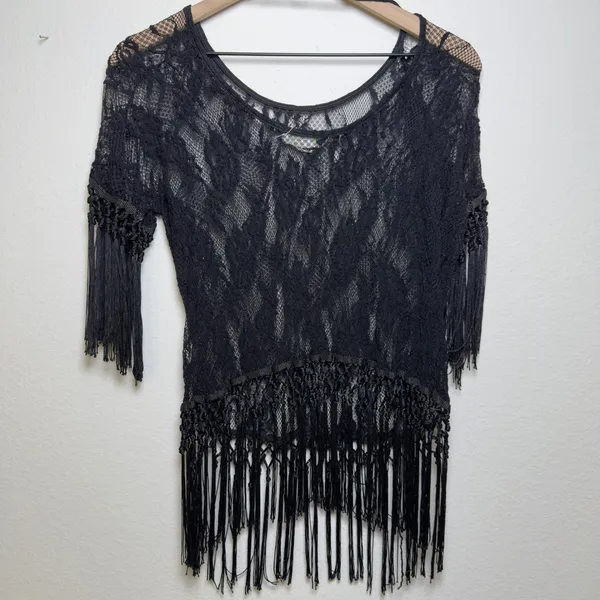 Anthropologie Sleeping on Stars Women Crochet Lace Top‎ Black Fringe Western - Image 6
