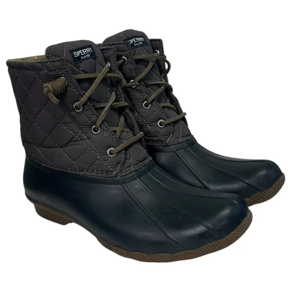 Sperry Saltwater Duck Boots Womens 9 Gray Navy Quilted Rubber Outdoor STS9327F - Image 2